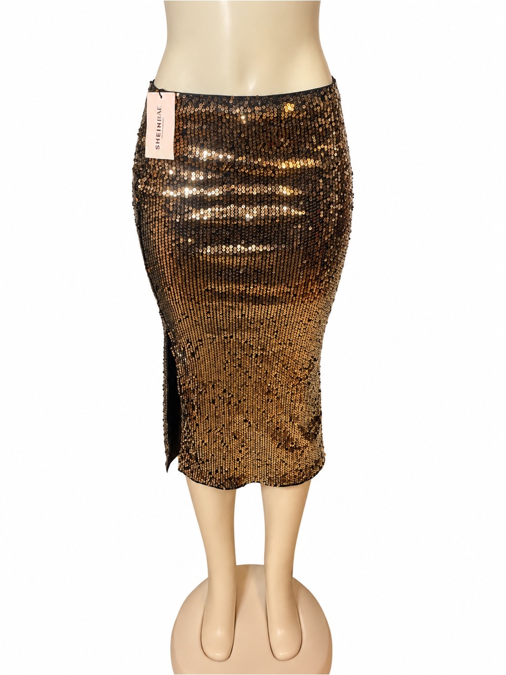 SHEIN Metallic Gold Sequin Midi Pencil Skirt